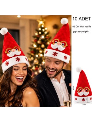 Pandoli 45 cm Ithal Kadife Altın Renk Gözlük Bıyık Figürlü Noel Baba Yılbaşı Şapkası Yetişkin 10 Adet