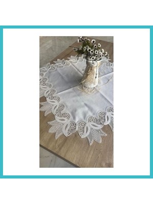 Defne Store 88X88 cm Kayla Kreme Gümüş Fransız Dantel Detaylı Kare Sehpa Örtüsü Zarif Model Dfnbez