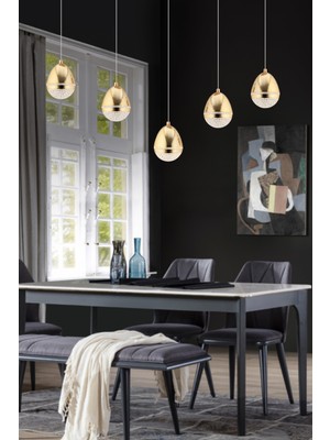 Amaya 5'li Sıralı Gold Damla Başlıklı Modern Salon LED Avize