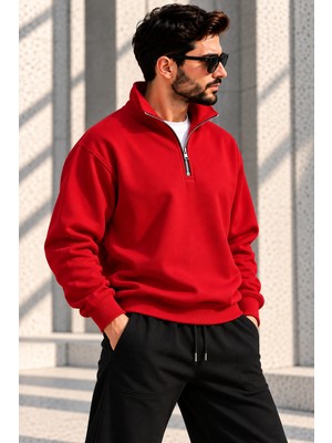 GrandWear Unisex Oversize Yarım Fermuarlı Dik Yaka Sweatshirt Polo Yaka Kapüşonsuz Basic Sweat
