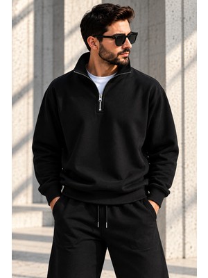 GrandWear Unisex Oversize Yarım Fermuarlı Dik Yaka Sweatshirt Polo Yaka Kapüşonsuz Basic Sweat