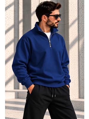 GrandWear Unisex Oversize Yarım Fermuarlı Dik Yaka Sweatshirt Polo Yaka Kapüşonsuz Basic Sweat