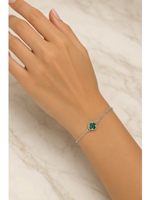 Silveranka 925 Ayar Gümüş Malahit Yonca Model Bileklik