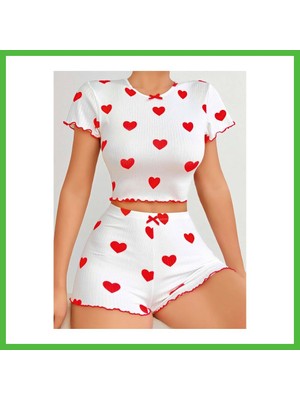Bezos Kadın Beyaz Kırmızı Kalp Desenli Şortlu Gecelik Takım 5023 · Beden: L/xl · Renk: Beyaz Arz