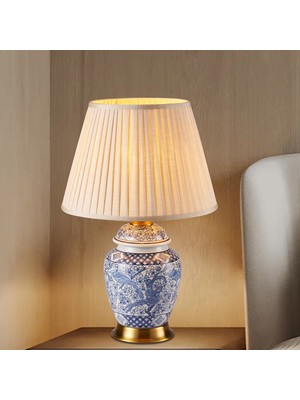 Elea Blue Blanc Desenli Seramik Oturma Odası Salon Abajur