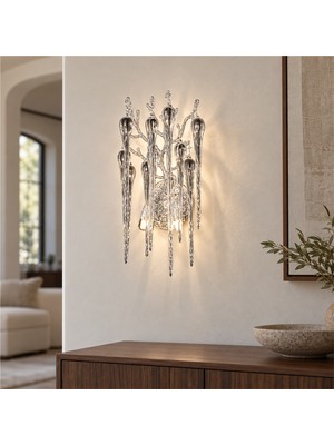 Apliqa Laura Krom Kristal Taşlı Modern Tasarım Su Damlası Taşlı Duvar Lambası Salon Aplik