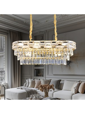 Apliqa Dolares Sıralı 40 Watt Dikdörtgen Gold Kristal Taşlı Yemek Masası Üstü, Salon Avize