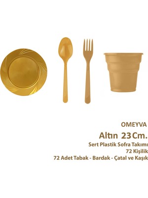 Omeyva Plastik Sert 23 Cm. Altın Sorfa Piknik Seti - 72 Kişilik Tabak Bardak Çatal Kaşık Takımı
