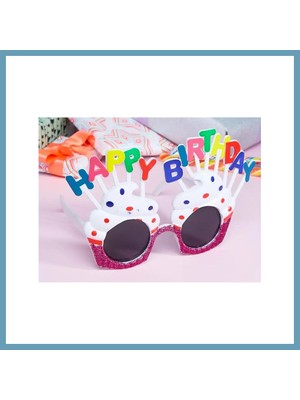 Bezos Happy Birthday Yazılı Beyaz Fuşya Renk Beyaz Pastalı Parti Gözlüğü 12X7 cm MBT06