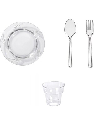 Omeyva 23 Cm. Şeffaf Plastik Sorfa Piknik Seti - 72 Kişilik Tabak Bardak Çatal Kaşık Takımı