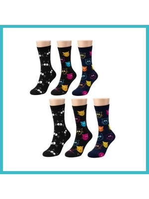 Defne Store Unisex Kedi Desenli Çorap 6'lı Set Pamuklu Renkli Uzun Soket Dikişsiz Nefes Alan Rahat Günlük Çorap Dfnbez