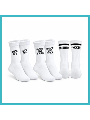 Defne Store Unisex Beyaz Yazılı Çorap Esprili Sloganlı Uzun Soket Günlük Spor Rahat 3lü Eğlenceli Şık Hediye Set Dfnbez