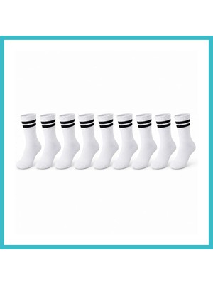 Defne Store Unisex Beyaz Çorap Siyah Çizgili 9'lu Set Uzun Soket Günlük Spor Kolej Stil Kadın Erkek Çorabı Dfnbez