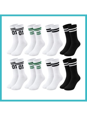 Defne Store Unisex Çorap Çizgili 8'li Set 07 Good Vibes Yazılı Siyah Beyaz Uzun Soket Spor Kolej Stil Çorap Dfnbez