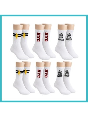 Defne Store Kadın Spor Çorap Beyaz Yazılı 6'lı Set Uzun Soket Pamuklu Dikişsiz Nefes Alan Spor Konforlu Çoraplar Dfnbez