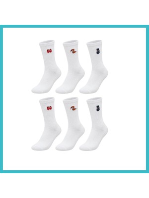 Defne Store Unisex Çorap Beyaz Hayvan Nakışlı 6'lı Set Yengeç Yılan Kedi Desenli Uzun Soket Günlük Spor Çorabı Dfnbez