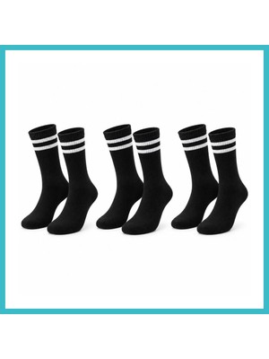 Defne Store Siyah Çorap Beyaz Çizgili 3'lü Set Unisex Uzun Soket Günlük Spor Rahat Kolej Stil Çorap Seti Dfnbez