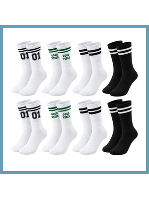 Bezos Unisex Çorap Çizgili 8'li Set 07 Good Vibes Yazılı Siyah Beyaz Uzun Soket Spor Kolej Stil Çorap MBT06