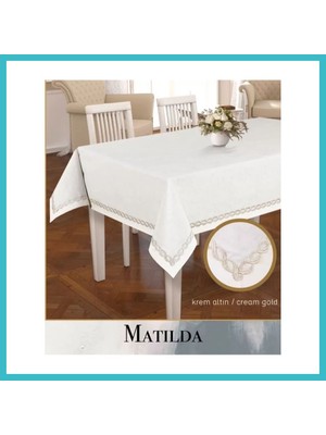 Defne Store Keten Masa Örtüsü Tablecloth 155X260 cm Yemek Masası Örtüsü Matilda Model Krem-Gold Dfnbez