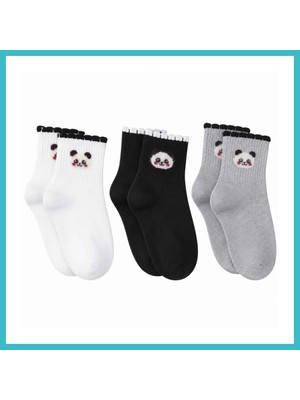 Defne Store Kadın Panda Desenli Kısa Konç Çorap 3'lü Paket, %80 Pamuklu Dikişsiz Burun, Nefes Alan Yumuşak Bilek Çorabı, Siyah Beyaz Gri · Beden: 36-40 · Renk: Çok Renkli 3 Lü Dfnbez
