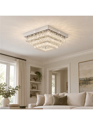 Apliqa Modina 3 Katlı Krom Ledli 3 Renkli 50 Watt Kristalli Taşlı Modern Tasarım LED  kristal Salon Avize