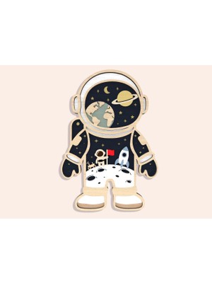 Rokh 🚀 Astronot Uzay Temalı Ahşap Duvar Dekoru 25X38 cm | 3D Katmanlı Mdf Astronot Pano | Çocuk Odası Bebek Odası Dekoratif Duvar Süsü