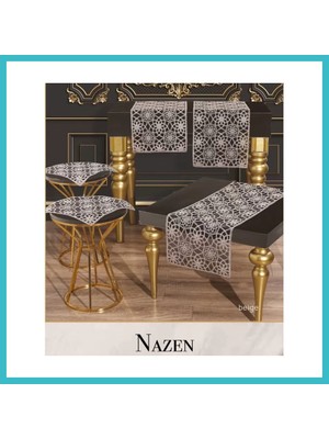 Defne Store Salon Takımı 5 Parça Tül Işlemeli Masa Örtüsü Runner Seti Çeyizlik Nazen Model No 96584 Bej Dfnbez