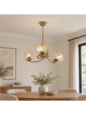 Apliqa Pireal 3'lü Yuvarlak Eskitme Bal Camlı Modern Oturma Odası Salon Avize