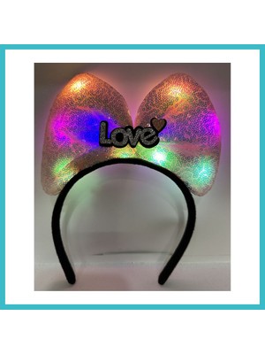 Defne Store LED Işıklı 3 Farklı Fonksiyonda Yanan Gümüş Love Yazılı Toz Pembe Fiyonk Taç 20X17 cm Dfnbez