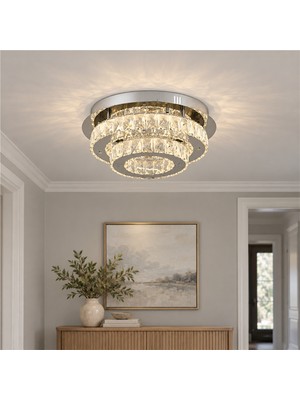 Ardenia 2 Katlı Krom 3 Renkli 70 Watt Kristalli Ledli Modern Salon Led Büyük Avize