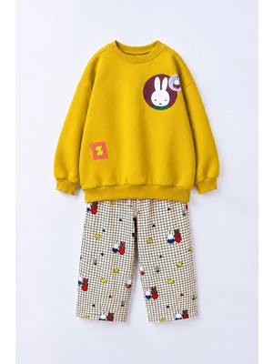 Monila Kız Çocuk 3 Iplik Pamuklu Kumaş Sarı Tavşan Baskılı Sweatshirt ve Kareli Altlı Alt Üst Takım