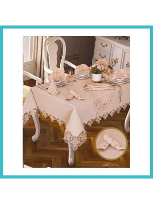 Defne Store Kapiçino Karanfil Gardenya Keten 12 Kişilik 26 Parça 160 × 220 cm Sofra Takımı Dfnbez