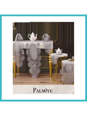 Defne Store Keten Palmiye Model Gri 7 Parça Runner Seti Masa Örtüsü Salon Takımı Dfnbez