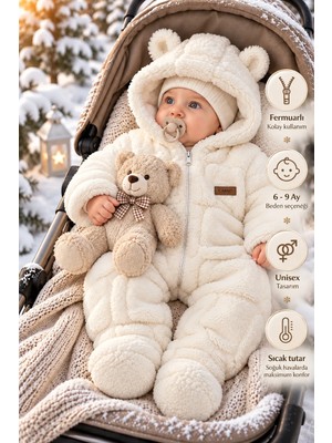 Canini Bebek Welsoft Tulum Kapüşonlu Peluş Kışlık Fermuarlı Bebek Tulum Kozmonot Bebek Montu 6-9 Ay