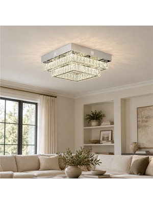 Apliqa Modina 2 Katlı Krom Ledli 3 Renkli 70 Watt Kristalli Taşlı Modern Tasarım LED  Kristal Salon Avize