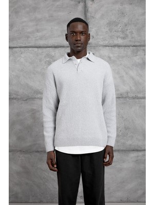 Nomarc Gri Düğmeli Polo Yaka Triko Sweatshırt
