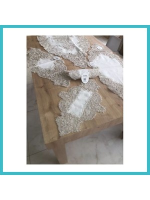Defne Store Salon Takımı Keten Angelika Çeyizlik Kreme Gold Runner Set 5 Parça Keten Ranır Masa Sehpa Konsol Örtüsü Dfnbez