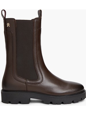 Tommy Hilfiger Kadın Hakiki Deri Uzun Konçlu Yanları Lastikli Tırtıklı Tabanlı Kahverengi Bot & Bootie FW0FW09570-GT6