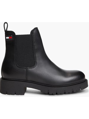 Tommy Hilfiger Kadın Hakiki Deri Içi Sıcak Astarlı Yanları Lastikli Tırtıklı Tabanlı Logo Plakalı Siyah Bot & Bootie EN0EN03102-BDS