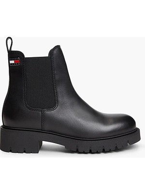 Tommy Hilfiger Kadın Hakiki Deri Yanları Lastikli Tırtıklı Tabanlı Logo Plakalı Siyah Bot & Bootie EN0EN03105-BDS