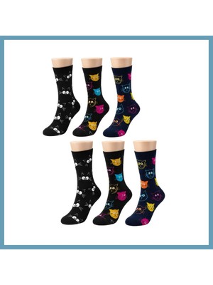 Bezos Unisex Kedi Desenli Çorap 6'lı Set Pamuklu Renkli Uzun Soket Dikişsiz Nefes Alan Rahat Günlük Çorap MBT06