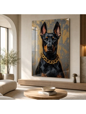 idora Realistic Doberman Portrait With Gold Chain - Glass Wall Art