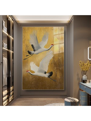 idora Uçuşan Iki Beyaz Turna ve Altın Dokulu Zemin Cam Tablo | Cam Tablo | Modern Duvar Dekoru