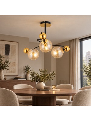 Apliqa Florit 3'lü Siyah Gold Modern Oturma Odası Salon Avize