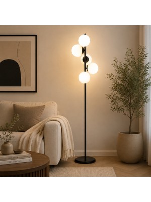 Apliqa Uzel 5Li Siyah Metal Lambader Modern Tasarım Cam Başlıklar ile Şık Aydınlatma