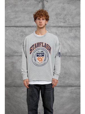 Nomarc Erkek Sweatshirt Starflash Dikiş Gri Oversize Baskılı