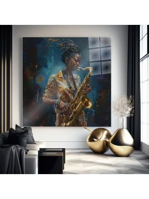 idora Saksafon Çalan Kadın Cam Tablo – Modern Caz ve Sanat Dekoru | Cam Tablo | Modern Duvar Dekoru