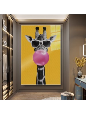 idora Beyaz Gözlüklü Zürafa ve Pembe Baloncuk Cam Tablo – Dikey Pop Art Duvar Dekoru