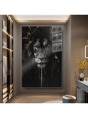 idora Görkemli Aslan Portresi Dikey Cam Tablo – Altın Detaylı Modern Duvar Dekoru