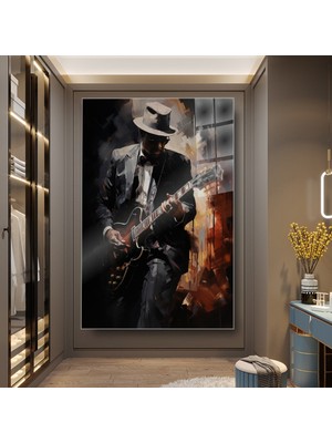 idora Şapkalı Elektro Gitarist Portresi Cam Tablo – Dikey Müzik Duvar Dekoru